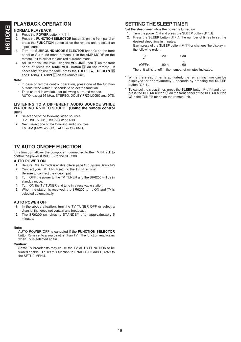 English, Playback operation, Tv auto on/off function | Setting the sleep timer | Marantz SR6200N User Manual | Page 24 / 32