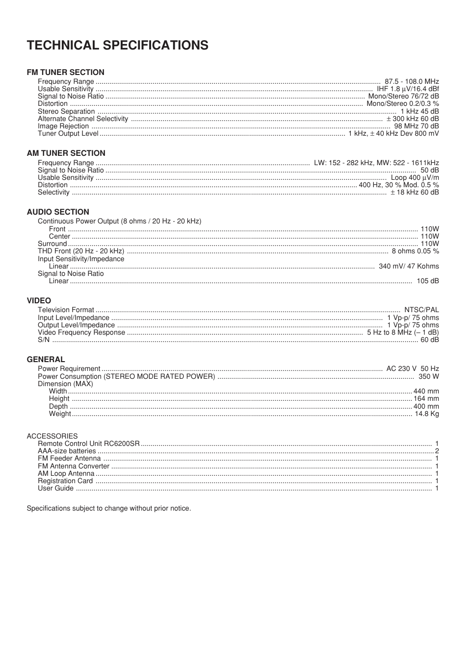 Technical specifications | Marantz SR6200N User Manual | Page 31 / 32