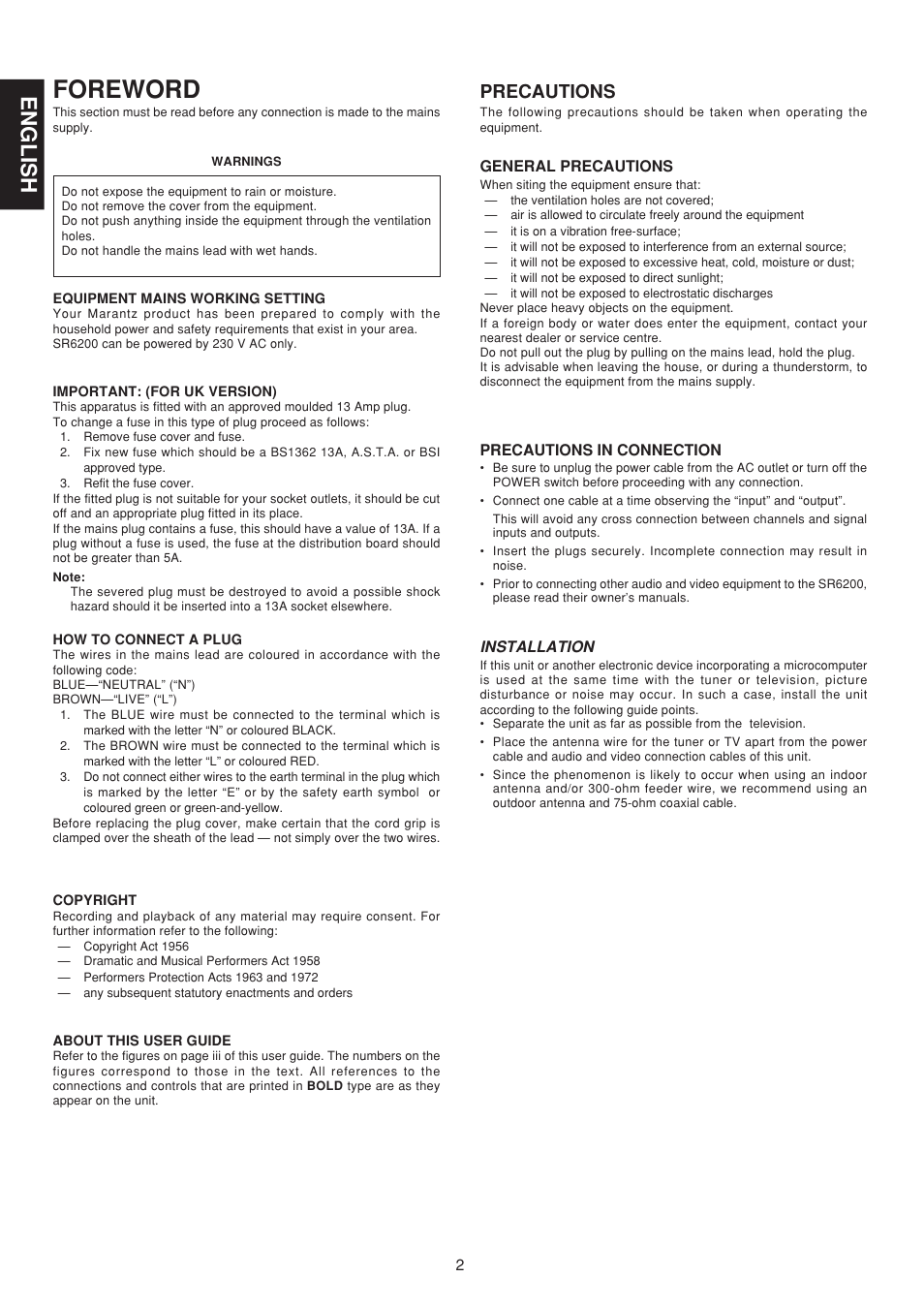 Foreword, English, Precautions | Marantz SR6200N User Manual | Page 8 / 32