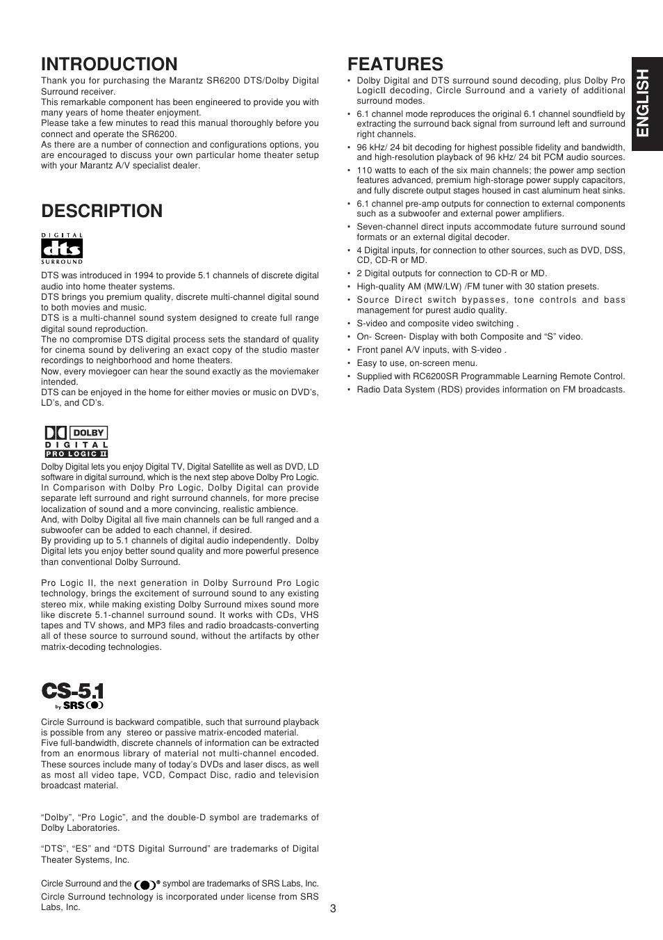 Introduction, Description, Features | English | Marantz SR6200N User Manual | Page 9 / 32