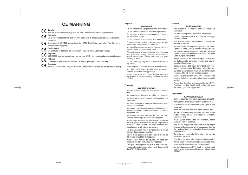 Ce marking | Marantz SR9600N User Manual | Page 3 / 71