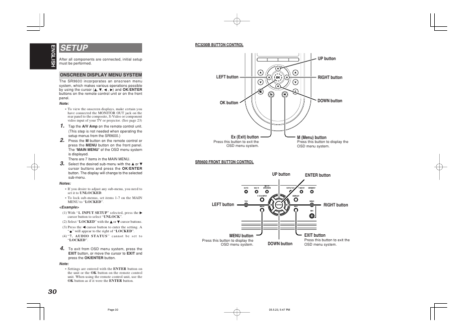 Setup, English, Onscreen display menu system | M (menu) button, Ex (exit) button, Up button right button down button menu button, Exit button, Left button enter button | Marantz SR9600N User Manual | Page 34 / 71