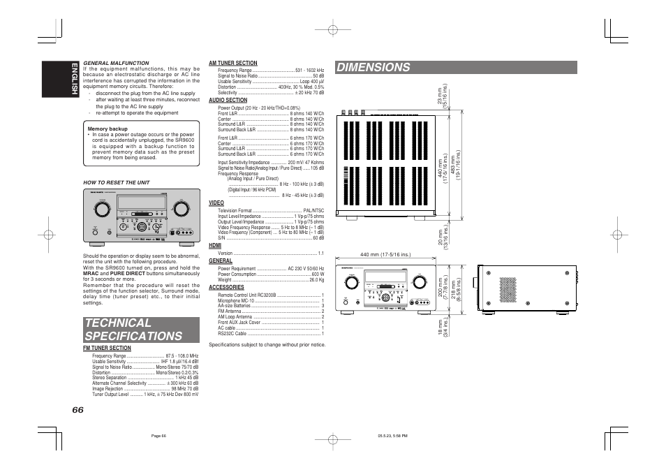 Technical specifications, Dimensions | Marantz SR9600N User Manual | Page 70 / 71