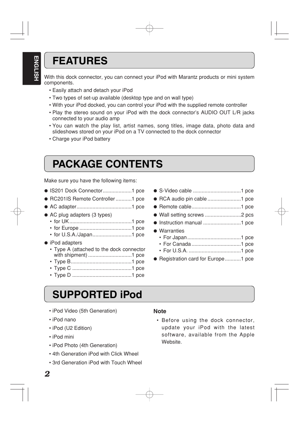 Features package contents supported ipod | Marantz IS201 User Manual | Page 10 / 26