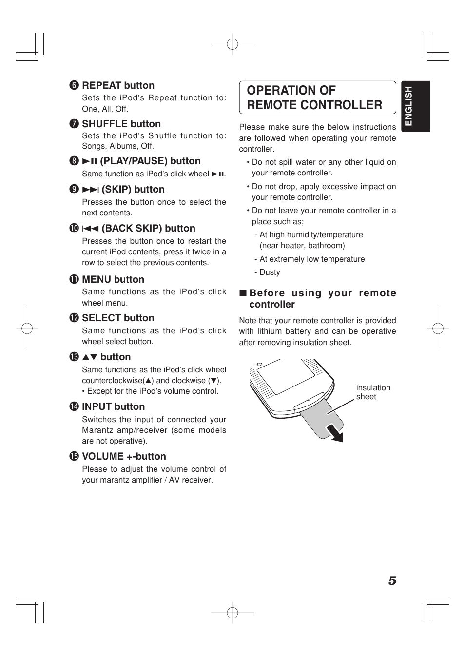 Operation of remote controller | Marantz IS201 User Manual | Page 13 / 26