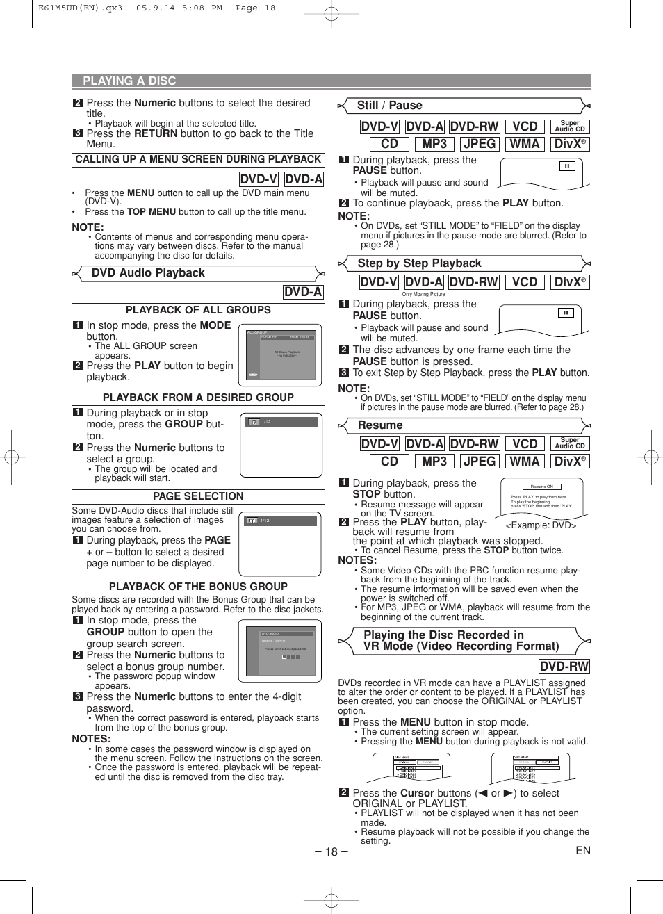 Divx, Wma jpeg mp3 cd, Vcd dvd-rw dvd-a dvd-v | Dvd-rw, Dvd-a dvd-v, Dvd-a | Marantz DV6600 User Manual | Page 18 / 36