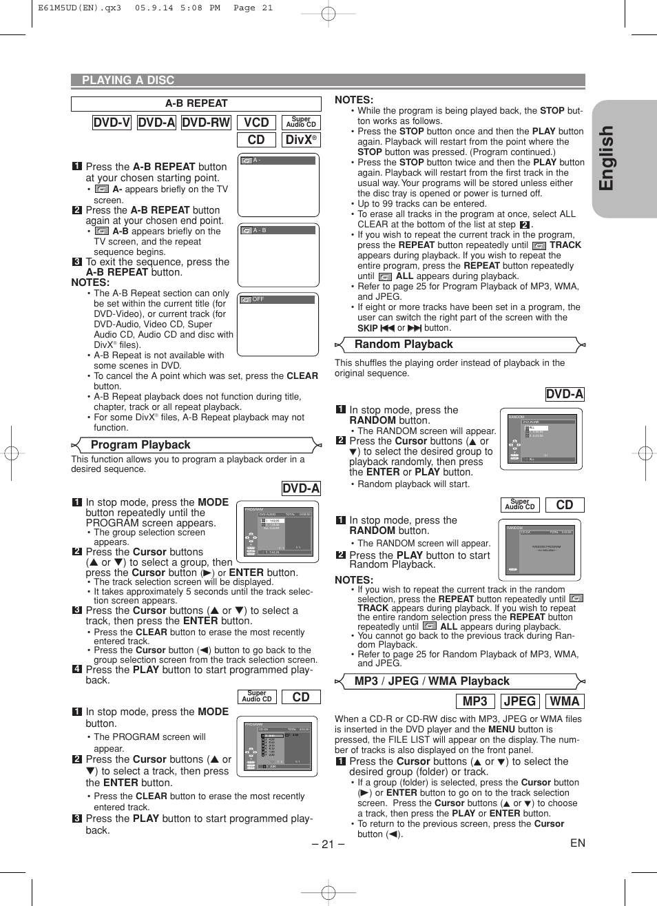 English, Divx, Vcd dvd-rw dvd-a dvd-v | Wma jpeg mp3, Dvd-a, Program playback | Marantz DV6600 User Manual | Page 21 / 36