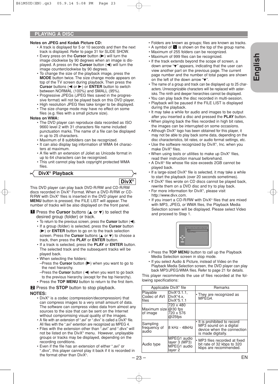 English, Divx, Playing a disc | Playback | Marantz DV6600 User Manual | Page 23 / 36