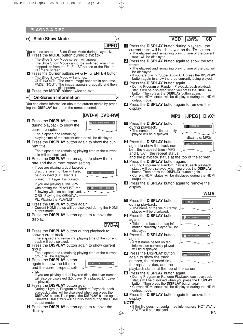 Divx, Jpeg mp3, Jpeg | Dvd-rw dvd-v, Dvd-a | Marantz DV6600 User Manual | Page 24 / 36