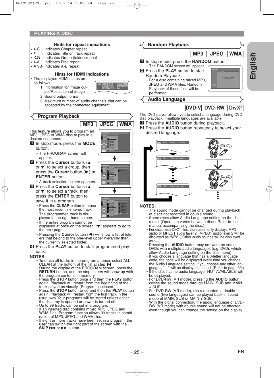 English, Wma jpeg mp3, Divx | Dvd-rw dvd-v, Random playback playing a disc, Audio language, Program playback, Hints for repeat indications, Hints for hdmi indications, Press the play button to start random playback | Marantz DV6600 User Manual | Page 25 / 36