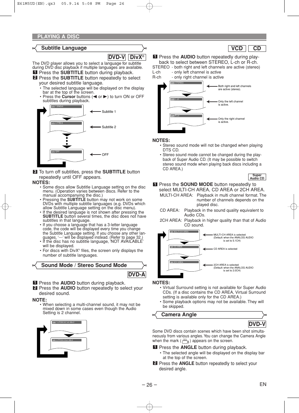 Dvd-v, Cd vcd, Divx | Dvd-a, Playing a disc, Camera angle, Sound mode / stereo sound mode, Subtitle language | Marantz DV6600 User Manual | Page 26 / 36