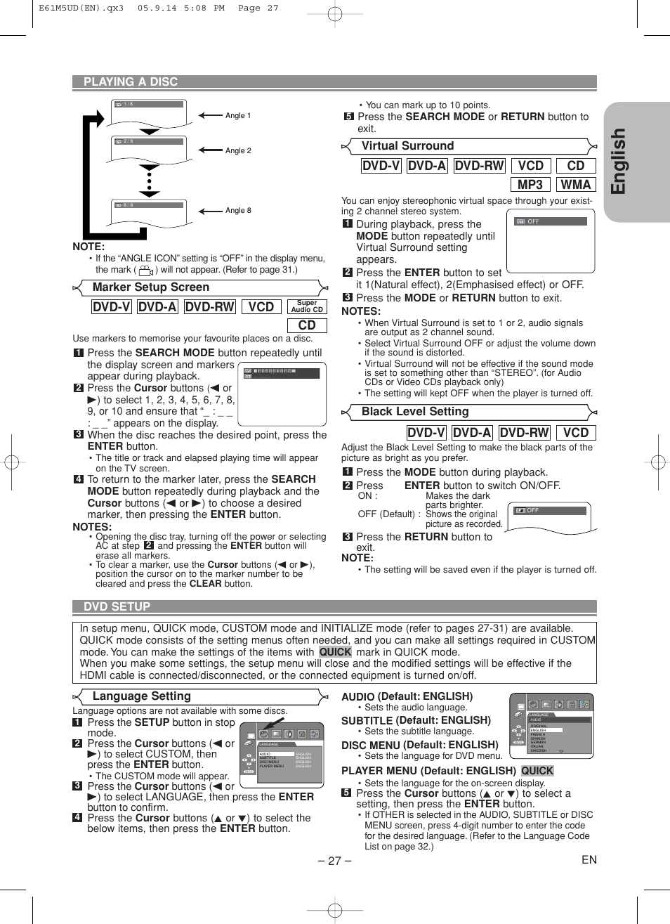 English, Wma mp3 cd vcd dvd-rw dvd-a dvd-v, Vcd dvd-rw dvd-a dvd-v | Marantz DV6600 User Manual | Page 27 / 36