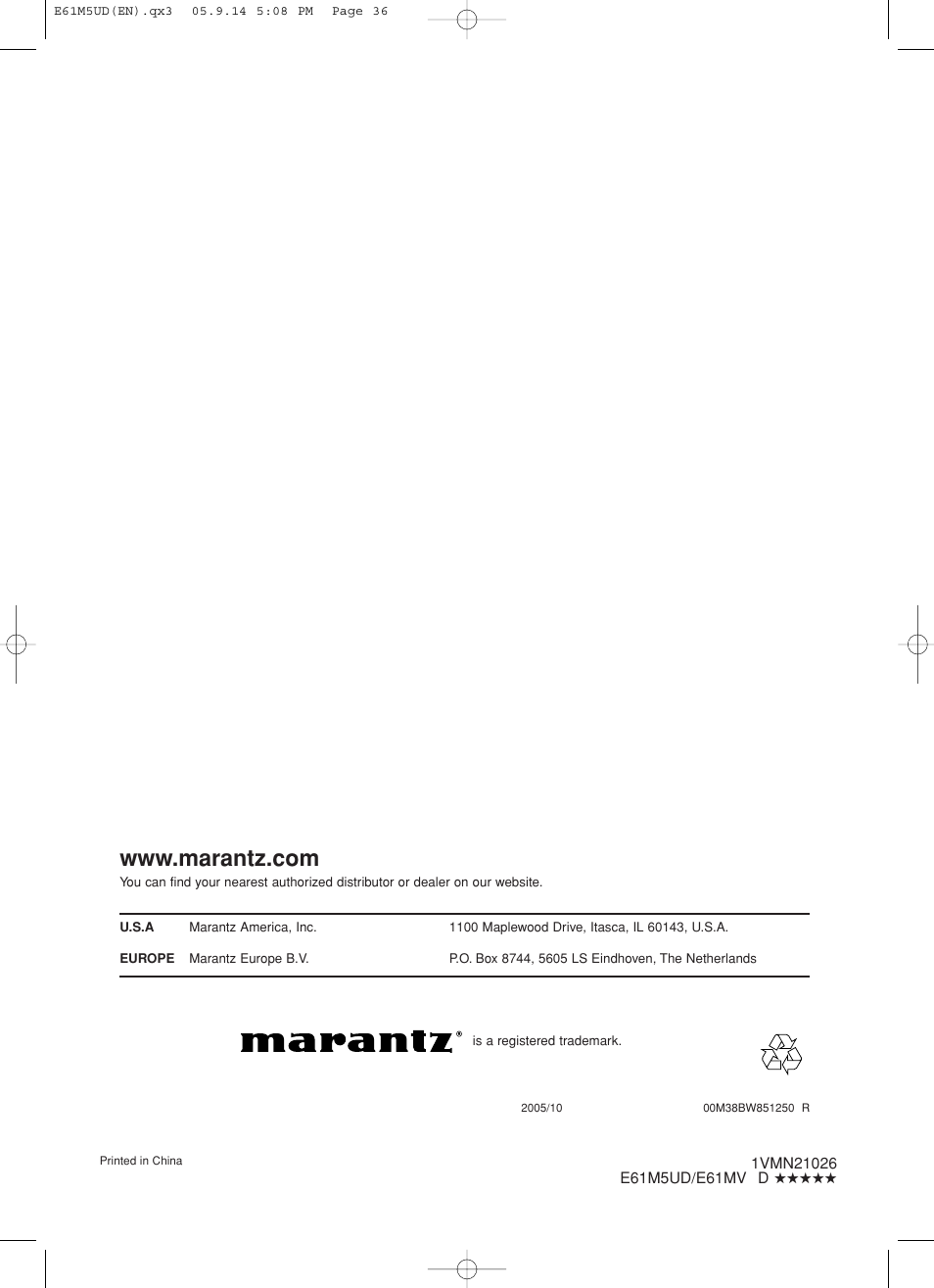 Marantz DV6600 User Manual | Page 36 / 36