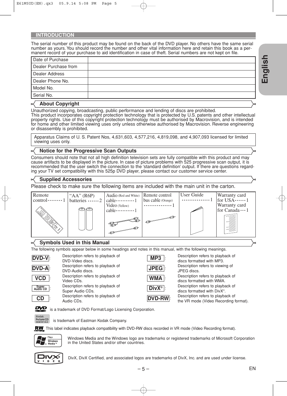 English, Dvd-rw divx, Wma jpeg mp3 cd | Vcd dvd-a dvd-v | Marantz DV6600 User Manual | Page 5 / 36
