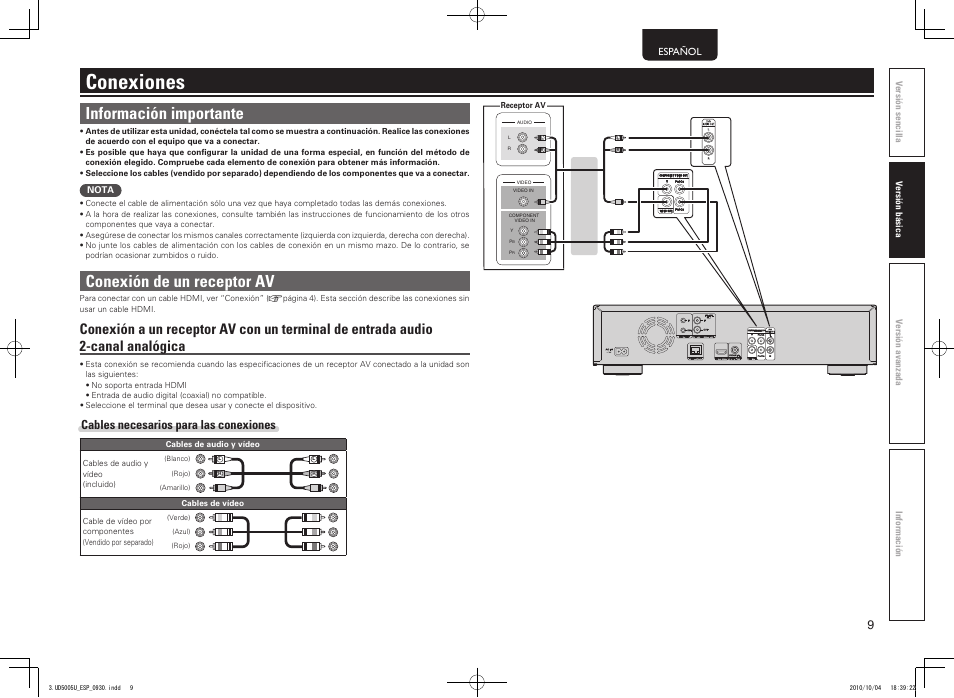 Conexiones, Información importante, Conexión de un receptor av | Cables necesarios para las conexiones | Marantz UD5005 User Manual | Page 13 / 72