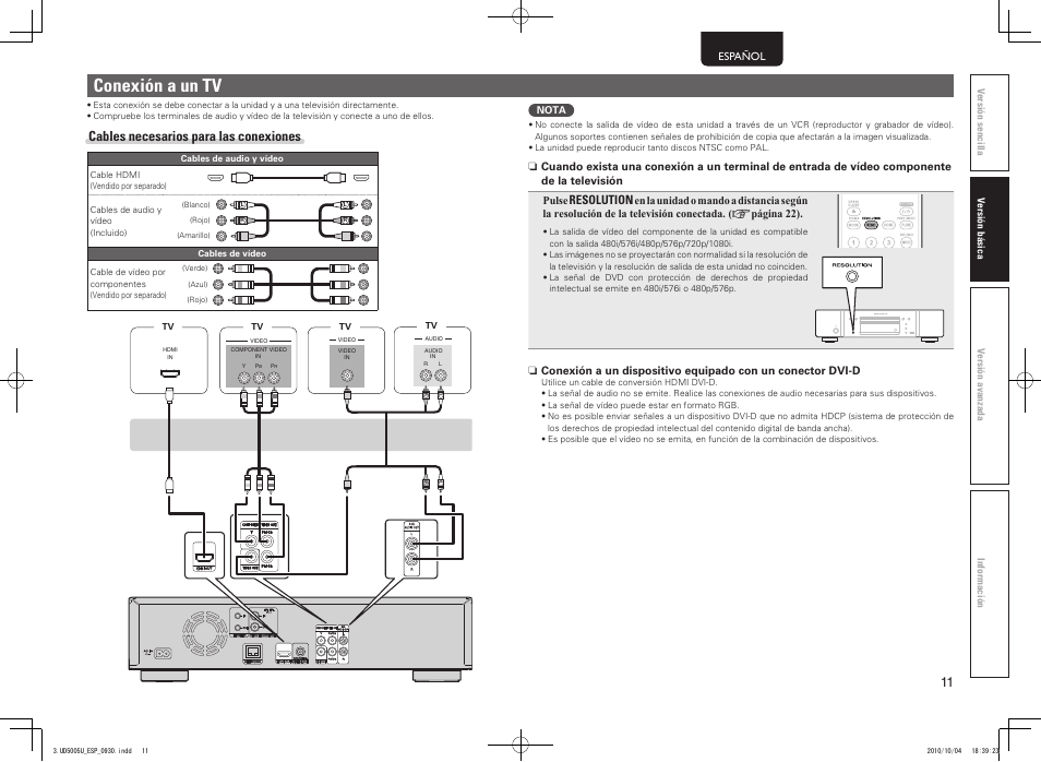 Conexión a un tv, Cables necesarios para las conexiones, Resolution | Marantz UD5005 User Manual | Page 15 / 72