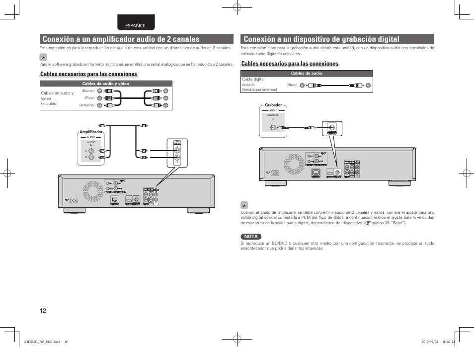 Conexión a un amplificador audio de 2 canales, Conexión a un dispositivo de grabación digital, Cables necesarios para las conexiones | Marantz UD5005 User Manual | Page 16 / 72