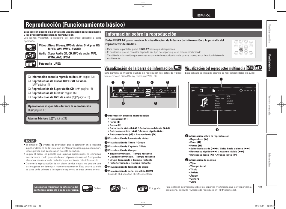 Reproducción (funcionamiento básico), Información sobre la reproducción, Visualización de la barra de información | Visualización del reproductor multimedia | Marantz UD5005 User Manual | Page 17 / 72