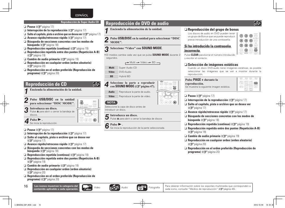 Reproducción de cd, Reproducción de dvd de audio | Marantz UD5005 User Manual | Page 20 / 72