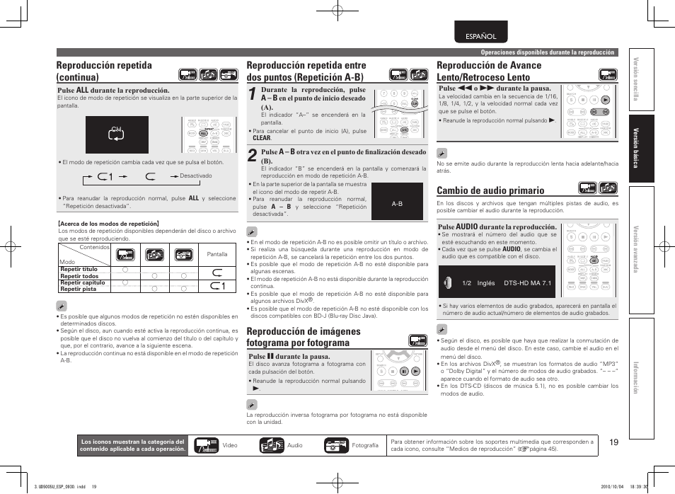 Reproducción repetida (continua), Reproducción de imágenes fotograma por fotograma, Reproducción de avance lento/retroceso lento | Cambio de audio primario | Marantz UD5005 User Manual | Page 23 / 72