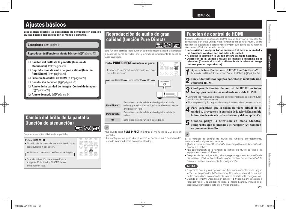Ajustes básicos, Función de control de hdmi | Marantz UD5005 User Manual | Page 25 / 72