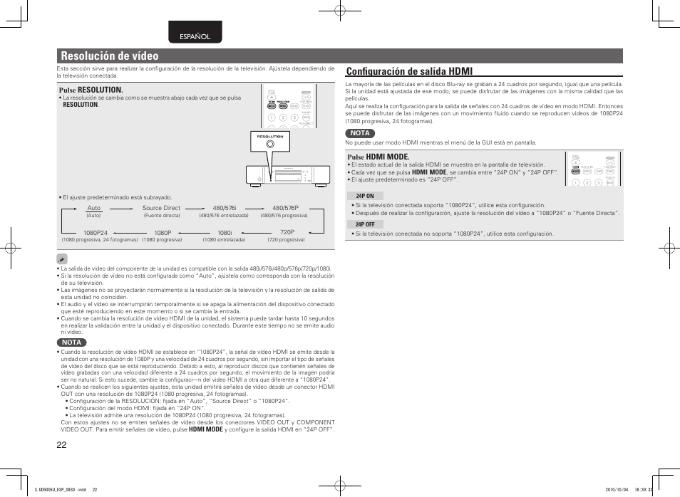 Resolución de vídeo, Configuración de salida hdmi | Marantz UD5005 User Manual | Page 26 / 72