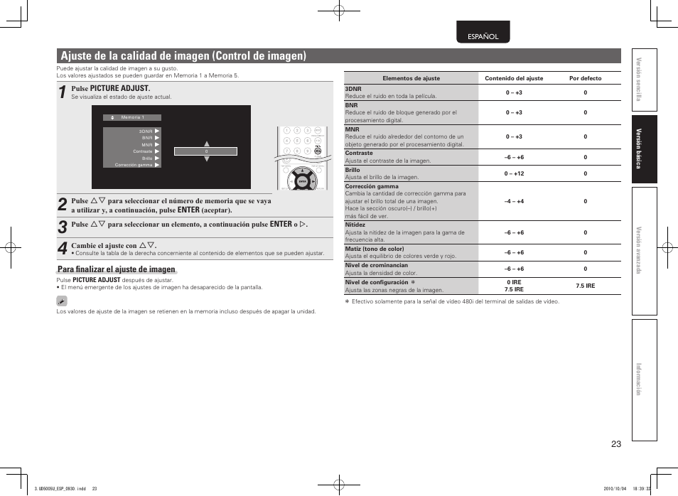 Ajuste de la calidad de imagen (control de imagen) | Marantz UD5005 User Manual | Page 27 / 72