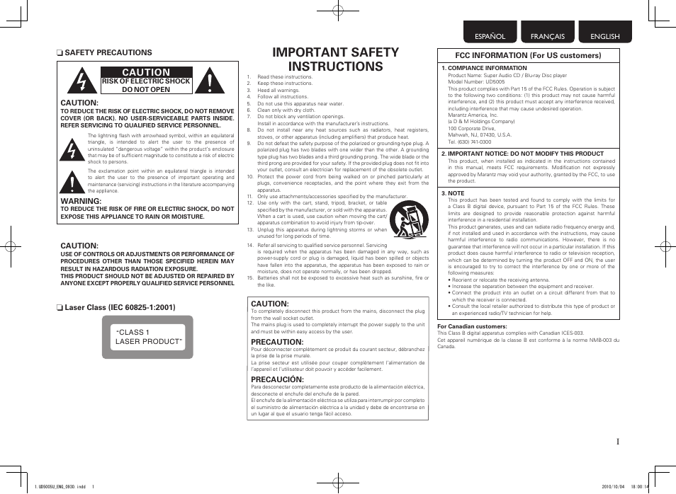 Important safety instructions, Caution | Marantz UD5005 User Manual | Page 3 / 72