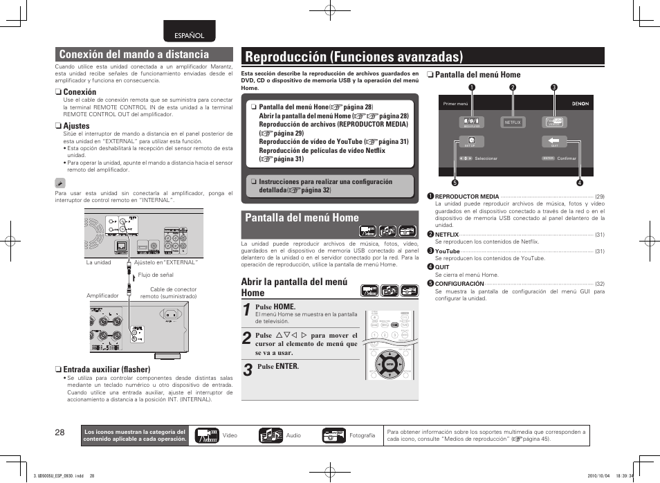 Reproducción (funciones avanzadas), Pantalla del menú home, Conexión del mando a distancia | Abrir la pantalla del menú home | Marantz UD5005 User Manual | Page 32 / 72