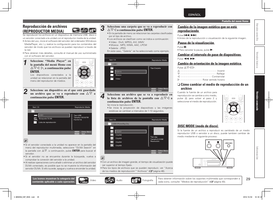 Reproducción de archivos (reproductor media), Pausa de la visualización, Cambiar el intervalo de pase de diapositivas | Cambio de orientación de la imagen estática, Disc mode (modo de disco) | Marantz UD5005 User Manual | Page 33 / 72