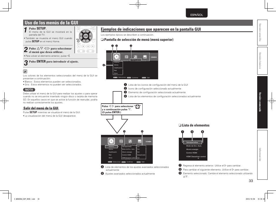 Uso de los menús de la gui, Salir del menú de la gui, N pantalla de selección de menú (menú superior) | N lista de elementos | Marantz UD5005 User Manual | Page 37 / 72