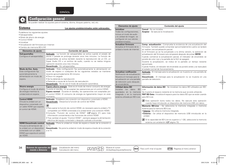 Confi guración general, Sistema | Marantz UD5005 User Manual | Page 38 / 72