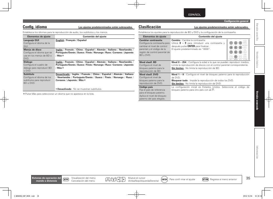 Config. idioma, Clasificación | Marantz UD5005 User Manual | Page 39 / 72