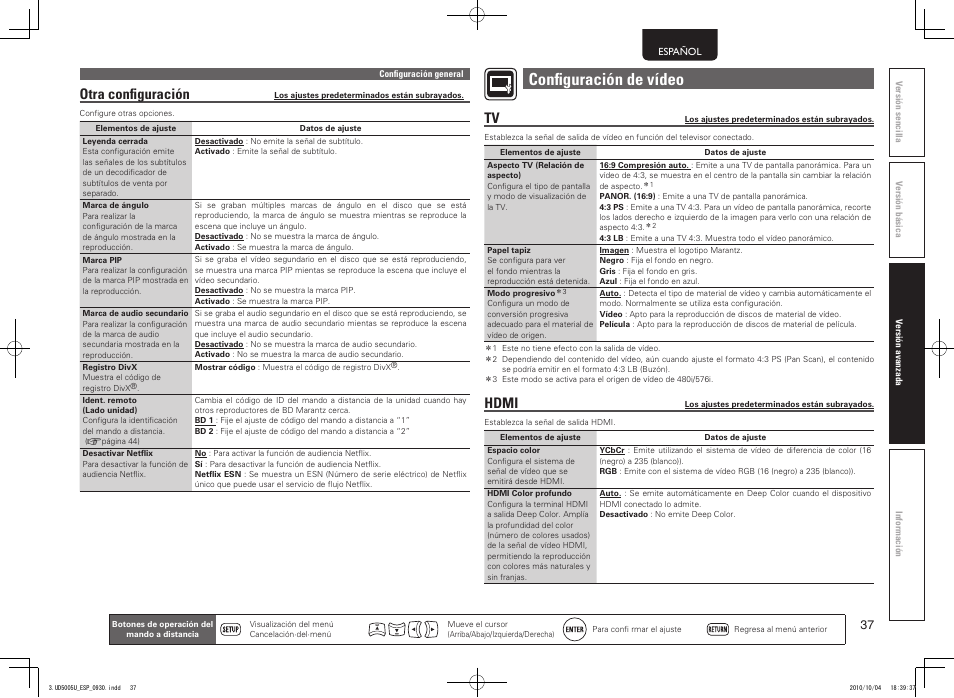 Confi guración de vídeo, Hdmi, Otra confi guración | Marantz UD5005 User Manual | Page 41 / 72