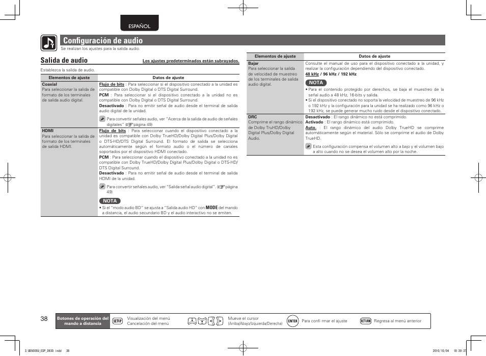 Confi guración de audio, Salida de audio | Marantz UD5005 User Manual | Page 42 / 72