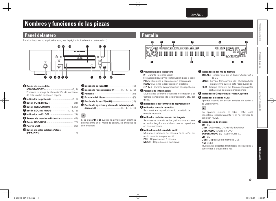 Nombres y funciones de las piezas, Panel delantero, Pantalla | Marantz UD5005 User Manual | Page 45 / 72
