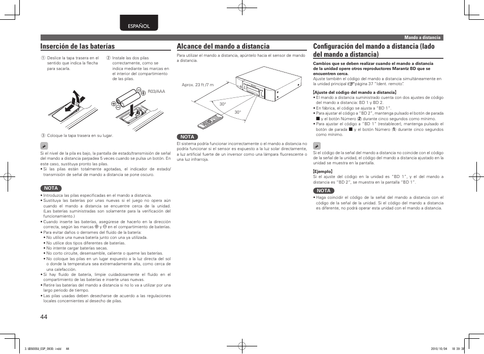 Alcance del mando a distancia, Inserción de las baterías | Marantz UD5005 User Manual | Page 48 / 72