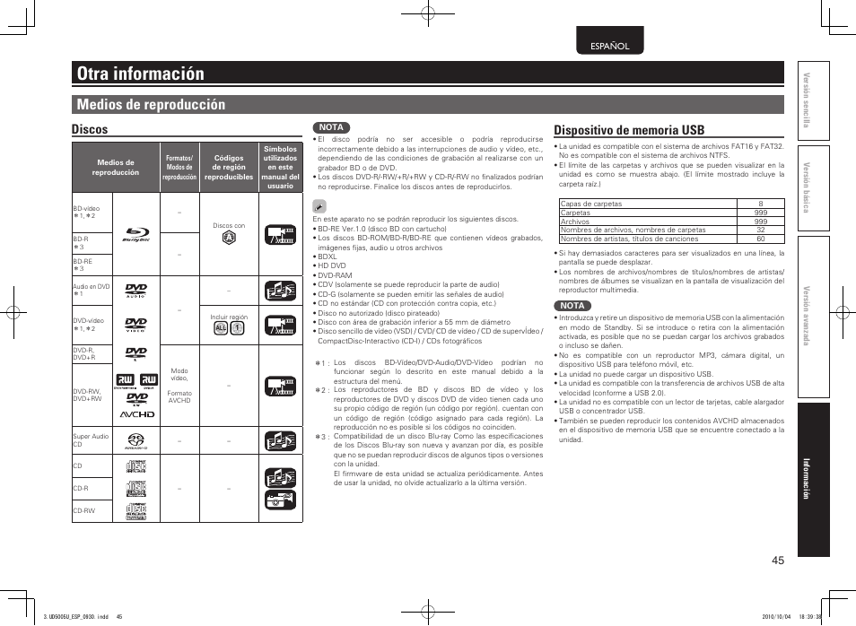Otra información, Medios de reproducción, Discos | Marantz UD5005 User Manual | Page 49 / 72
