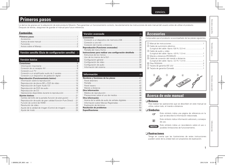 Primeros pasos, Accesorios, Acerca de este manual | Marantz UD5005 User Manual | Page 5 / 72