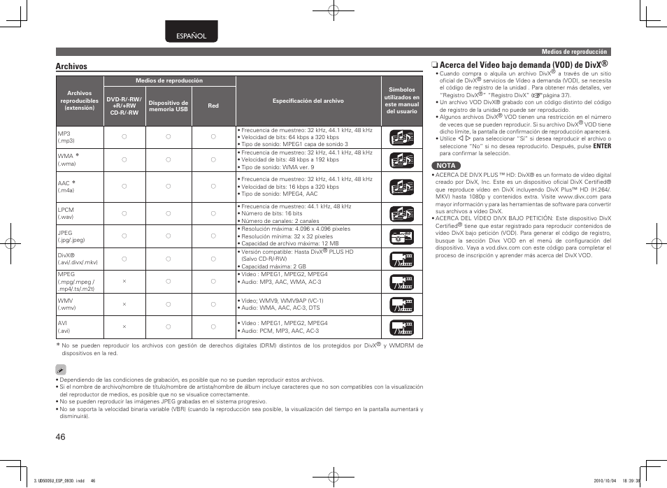 Archivos, N acerca del vídeo bajo demanda (vod) de divx | Marantz UD5005 User Manual | Page 50 / 72