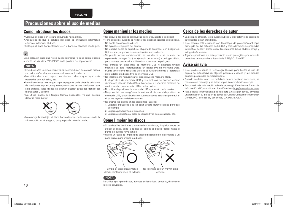 Precauciones sobre el uso de medios, Cómo introducir los discos, Cómo manipular los medios | Cómo limpiar los discos, Cerca de los derechos de autor, Aviso cinavia | Marantz UD5005 User Manual | Page 52 / 72