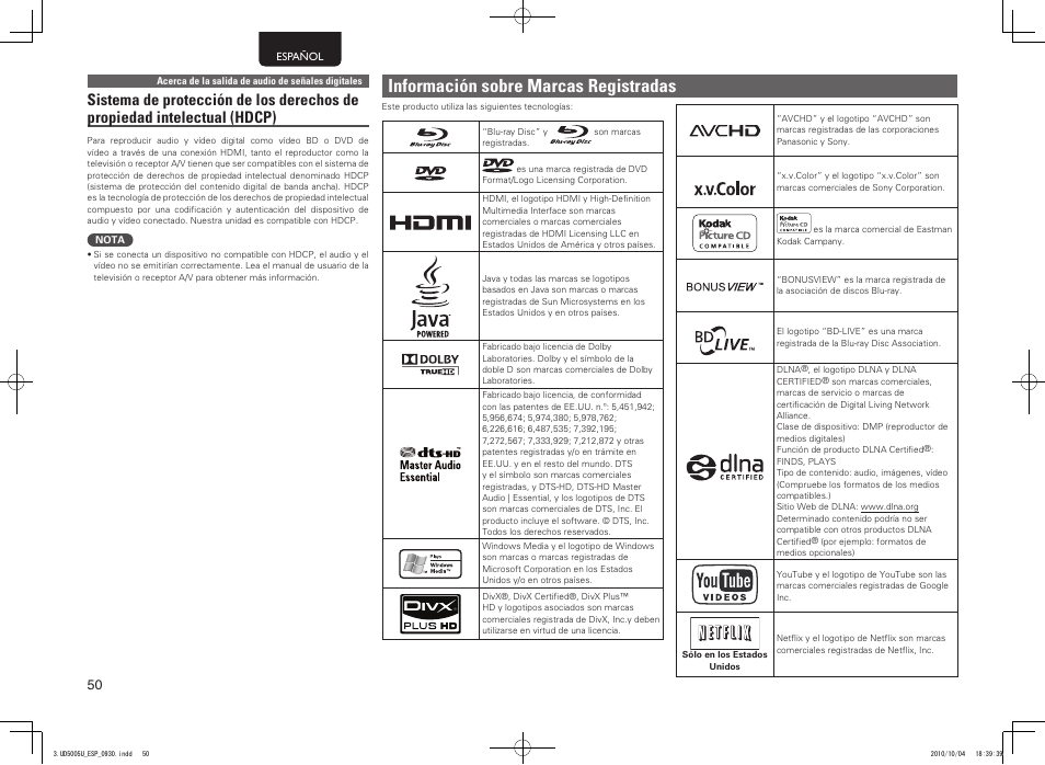 Información sobre marcas registradas | Marantz UD5005 User Manual | Page 54 / 72