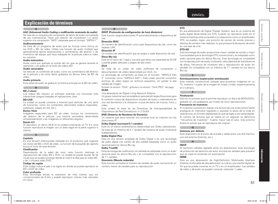 Explicación de términos | Marantz UD5005 User Manual | Page 55 / 72