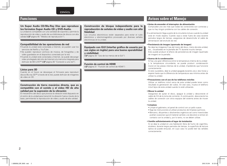 Avisos sobre el manejo, Funciones | Marantz UD5005 User Manual | Page 6 / 72