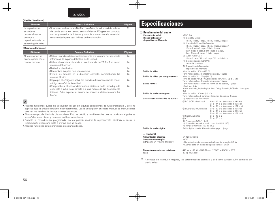 Especificaciones | Marantz UD5005 User Manual | Page 60 / 72