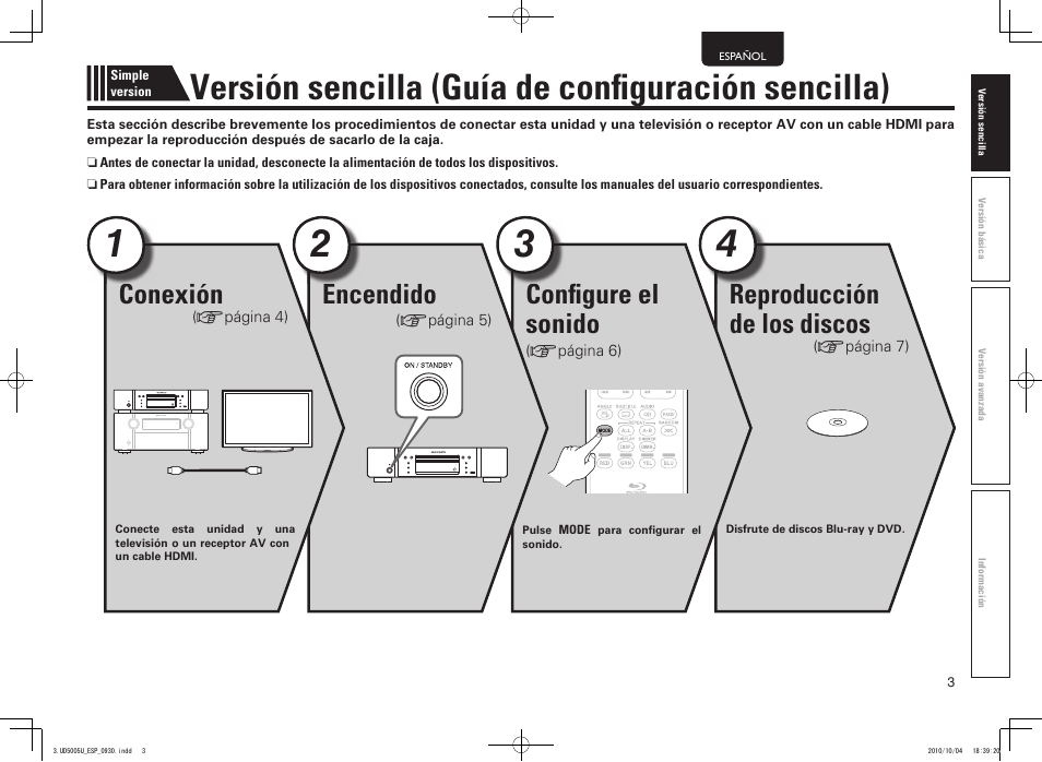 Versión sencilla (guía de confi guración sencilla), Reproducción de los discos, Confi gure el sonido | Encendido, Conexión | Marantz UD5005 User Manual | Page 7 / 72