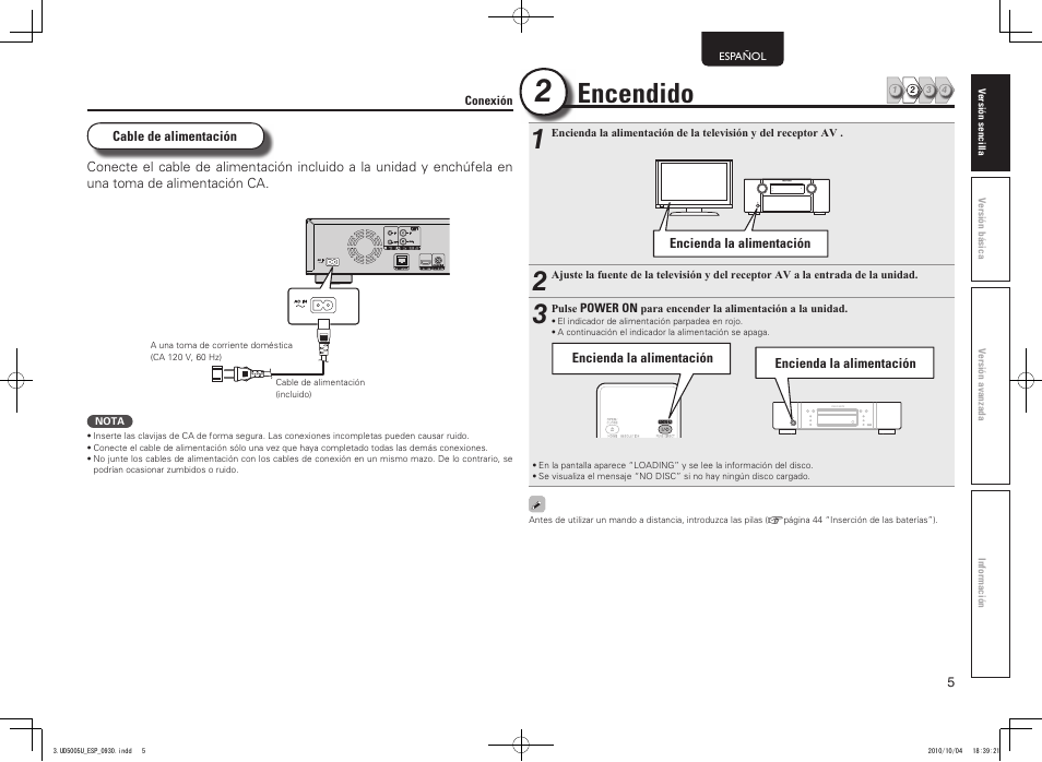 Encendido | Marantz UD5005 User Manual | Page 9 / 72