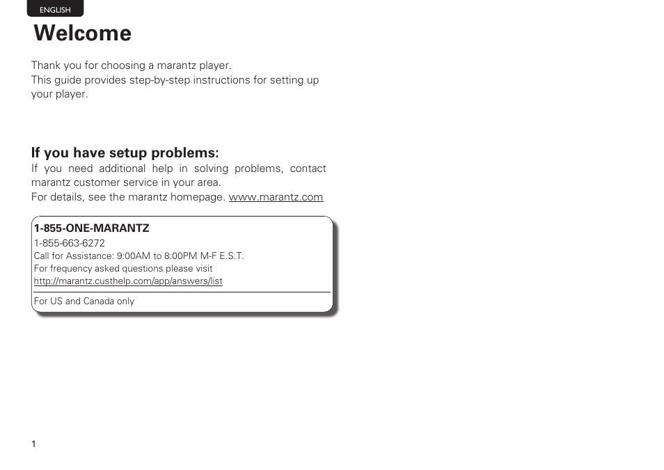 Welcome, If you have setup problems | Marantz UD5007 Getting Started User Manual | Page 2 / 10