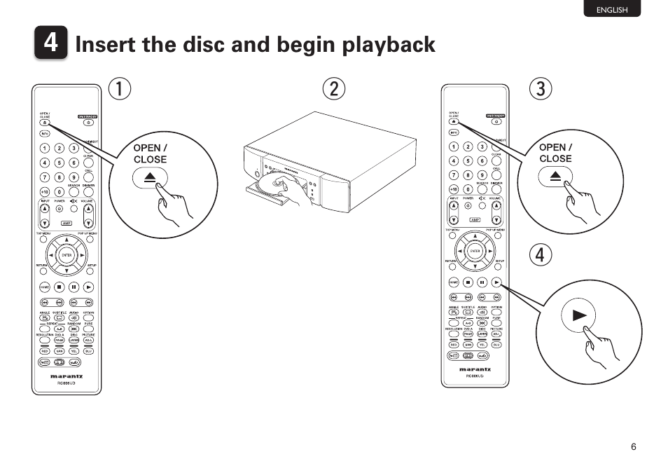 Qe r, Insert the disc and begin playback | Marantz UD5007 Getting Started User Manual | Page 7 / 10