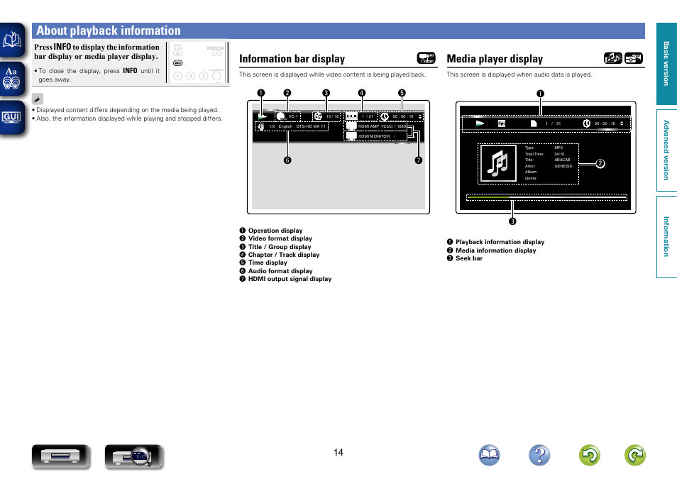 About playback information, Information bar display, Media player display | Marantz UD7007 User Manual | Page 17 / 81